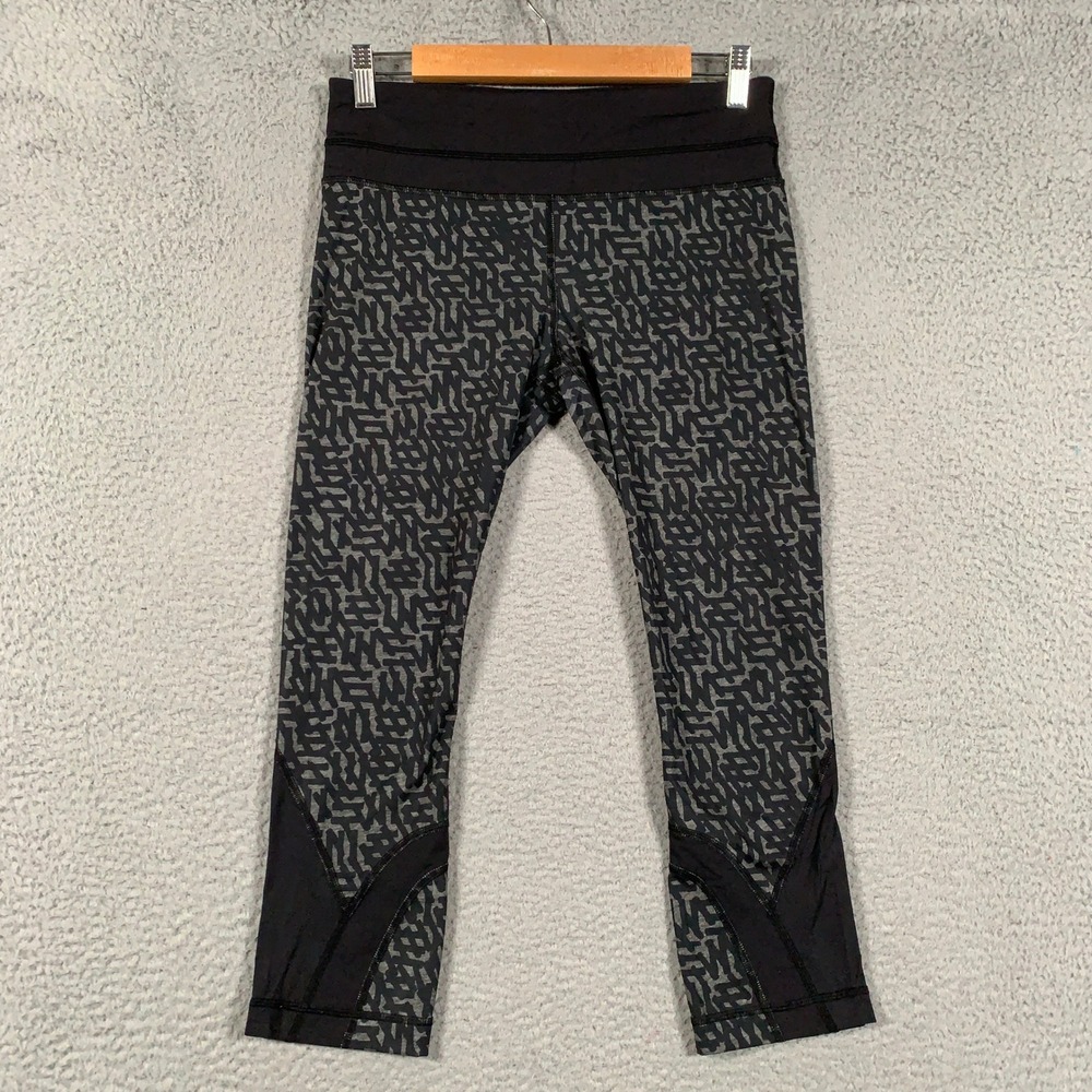 Lululemon Run Inspire Crop II Leggings Womens 6 Black Grey Geometric Maze Mesh